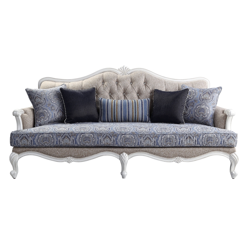 ACME Ciddrenar Fabric Tufted Sofa with 5 pillows in White