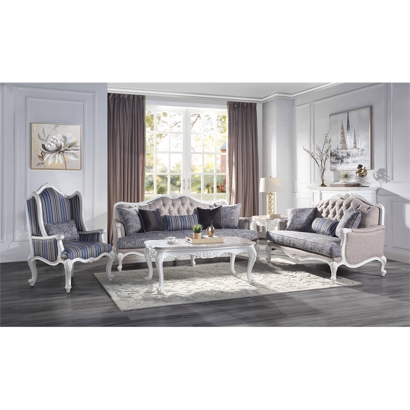 ACME Ciddrenar Fabric Tufted Sofa with 5 pillows in White