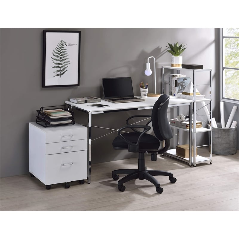 ACME Tennos Rectangular Metal Frame Writing Desk in White and Chrome