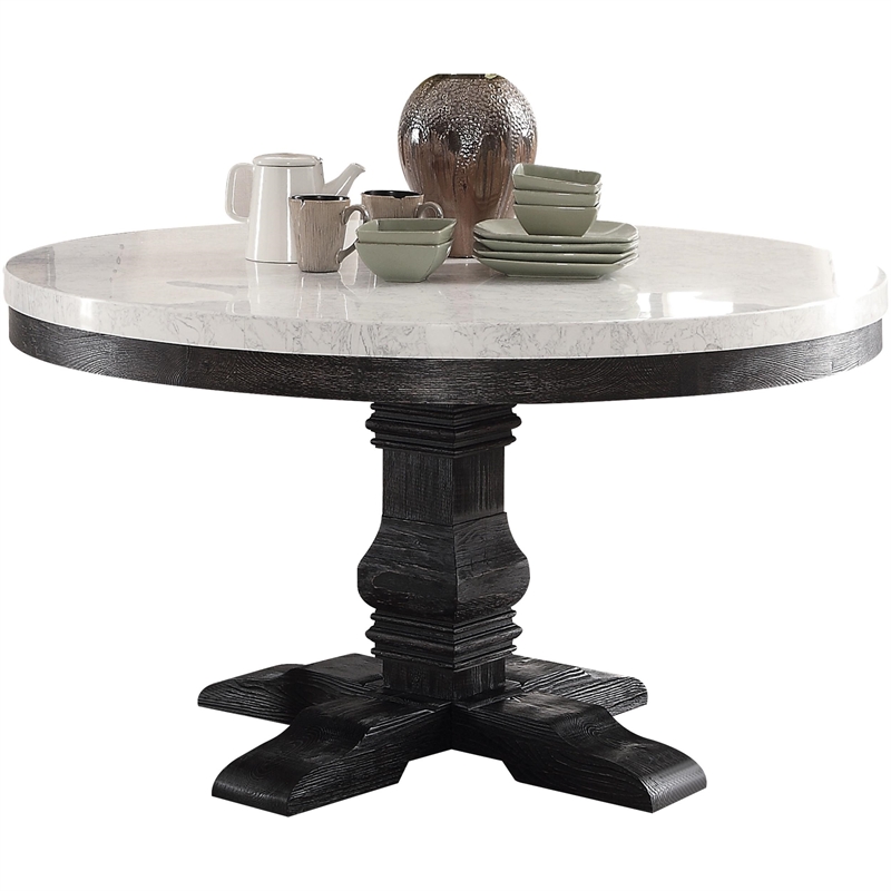 ACME Nolan Round Marble Top Dining Table in White and Salvage Dark Oak