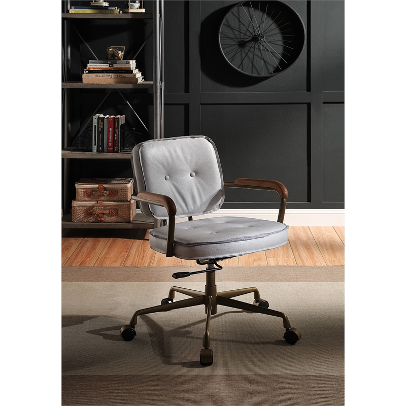ACME Siecross Office Chair with Wooden Arm in Vintage White Top Grain Leather