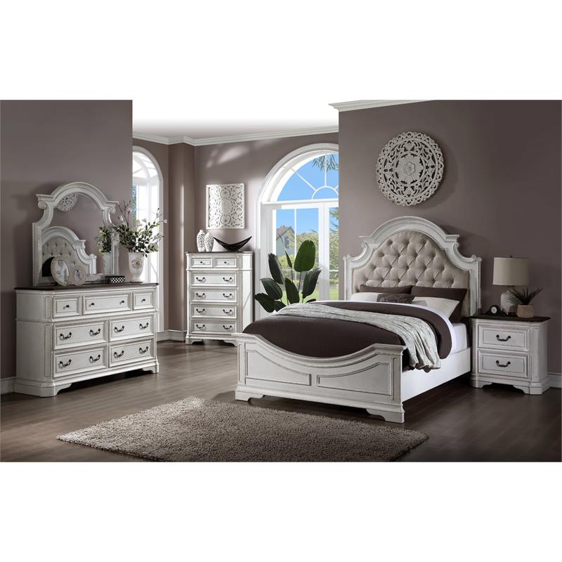 ACME Florian Rectangular Wooden Dresser with 7 Drawers in Antique White and Oak