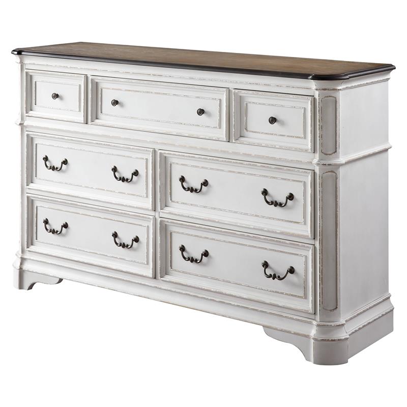 ACME Florian Rectangular Wooden Dresser with 7 Drawers in Antique White and Oak