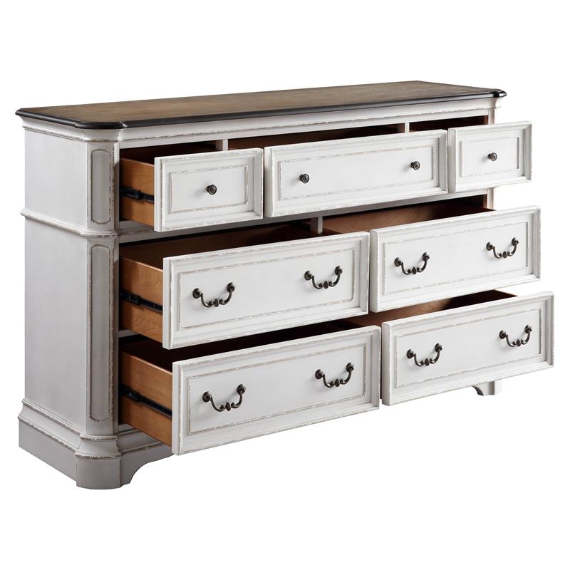 ACME Florian Rectangular Wooden Dresser with 7 Drawers in Antique White and Oak