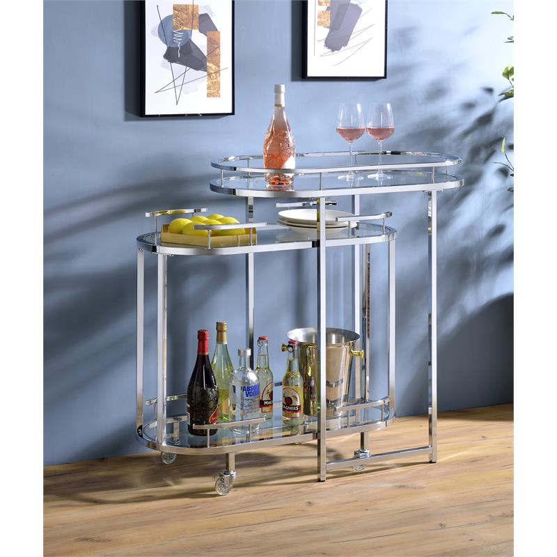 ACME Piffo Glass Top Storage Serving Cart and Bar Table in Clear and Chrome