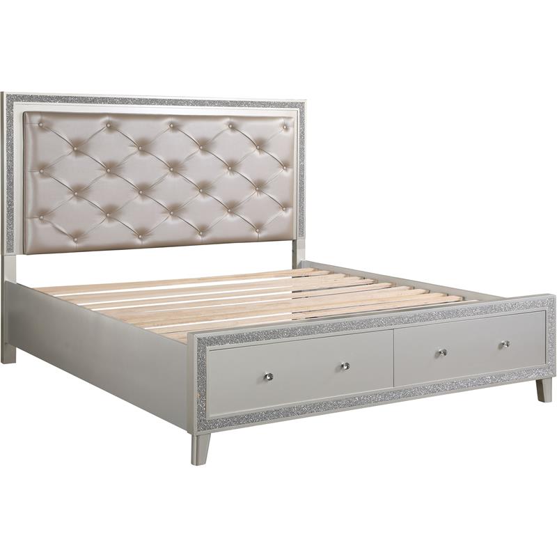ACME Sliverfluff Faux Leather Tufted Eastern King Bed in Champagne Gray