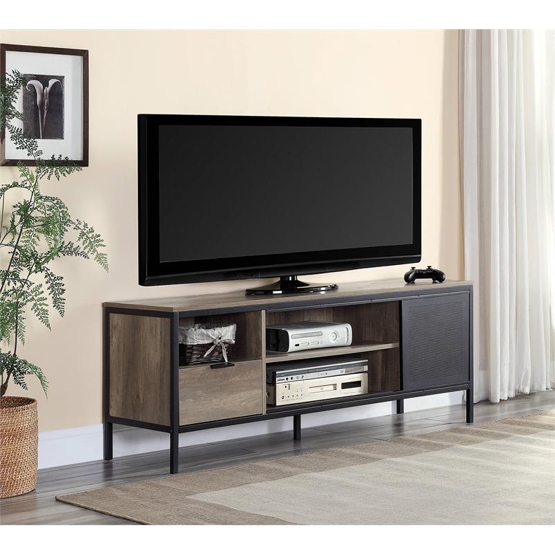 ACME Nantan Wooden TV Stand with Sliding Door in Rustic Oak and Black