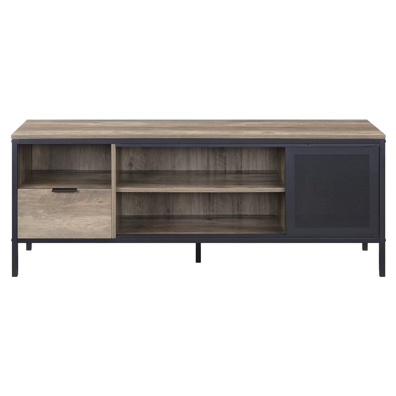 ACME Nantan Wooden TV Stand with Sliding Door in Rustic Oak and Black