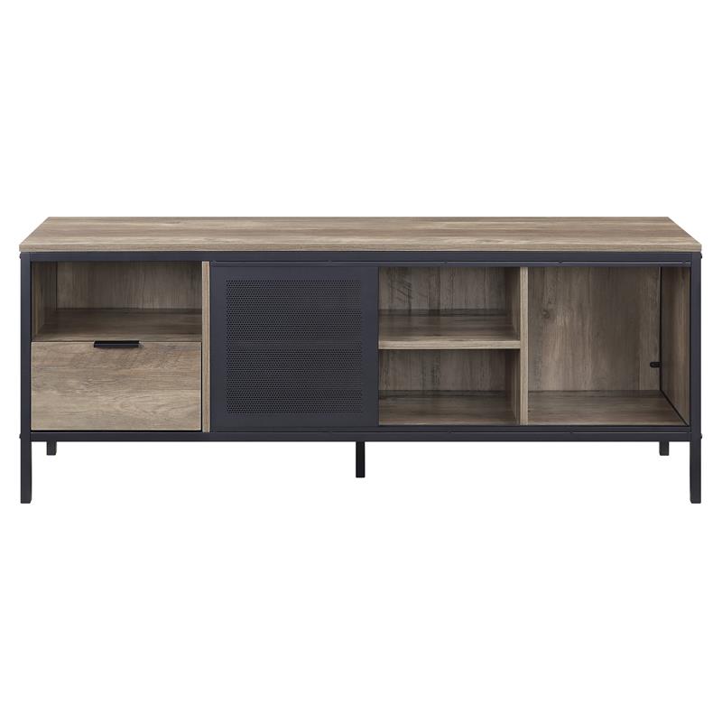 ACME Nantan Wooden TV Stand with Sliding Door in Rustic Oak and Black