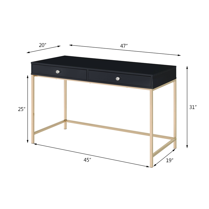 ACME Ottey Wooden 2-Drawer Writing Desk in Black High Gloss and Gold Finish