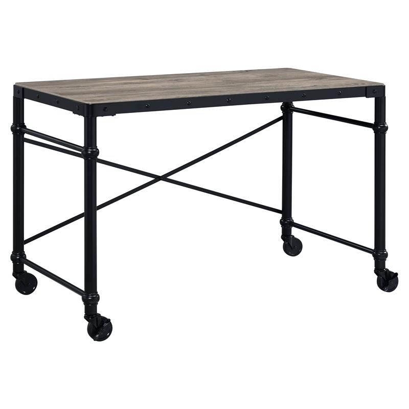 ACME Oklarth Wooden Top Writing Desk with Wheels in Rustic Oak and Black