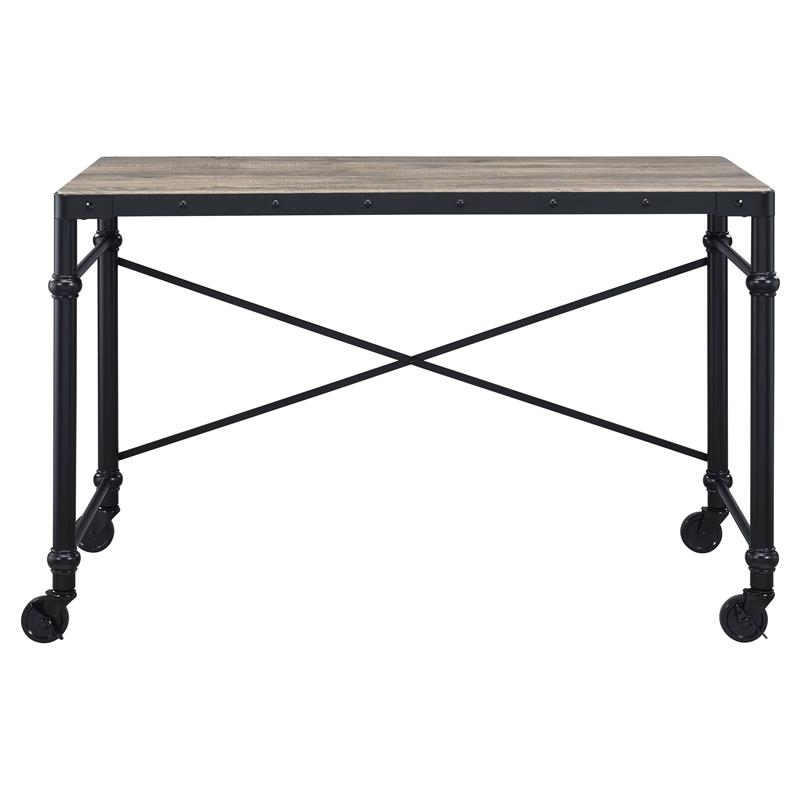 ACME Oklarth Wooden Top Writing Desk with Wheels in Rustic Oak and Black