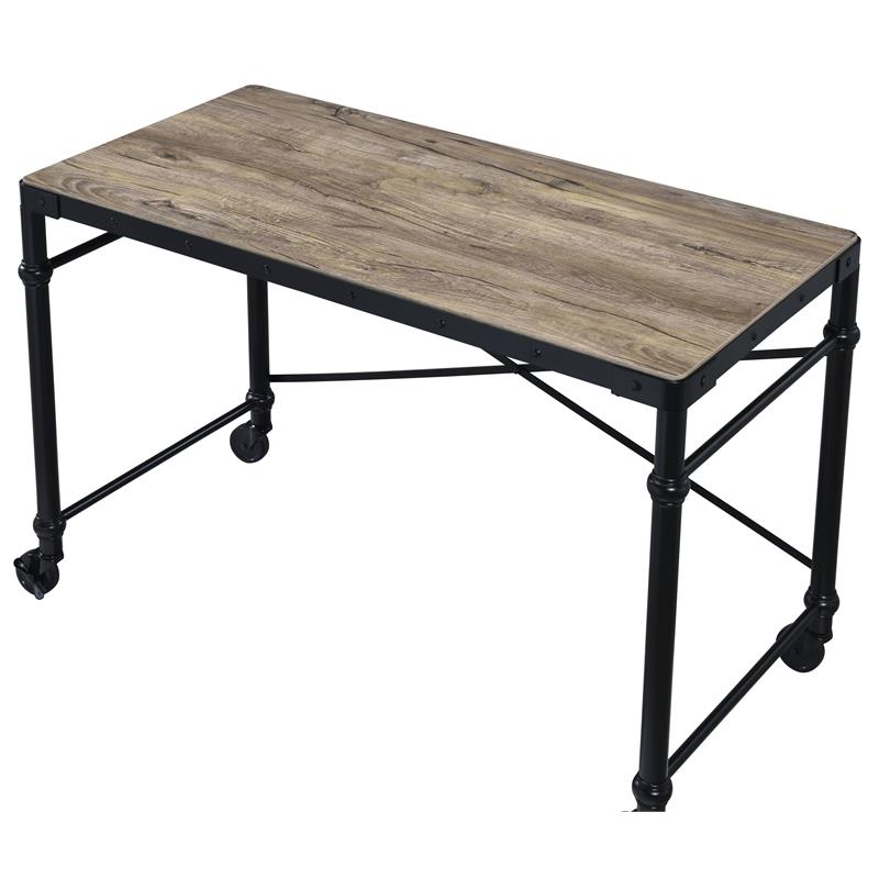 ACME Oklarth Wooden Top Writing Desk with Wheels in Rustic Oak and Black