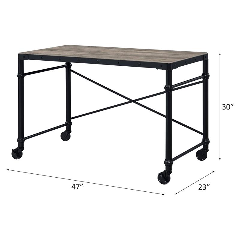 ACME Oklarth Wooden Top Writing Desk with Wheels in Rustic Oak and Black