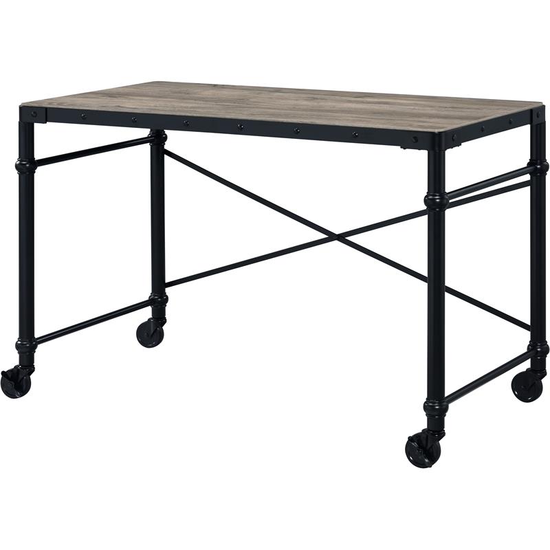 ACME Oklarth Wooden Top Writing Desk with Wheels in Rustic Oak and Black