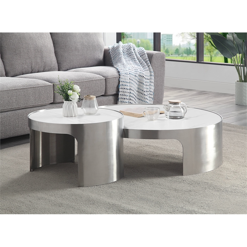 ACME Abilene Nesting Cocktail 2 Pc Sets in Marble & Brush Silver Finish