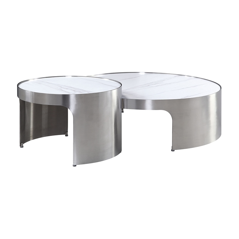 ACME Abilene Nesting Cocktail 2 Pc Sets in Marble & Brush Silver Finish