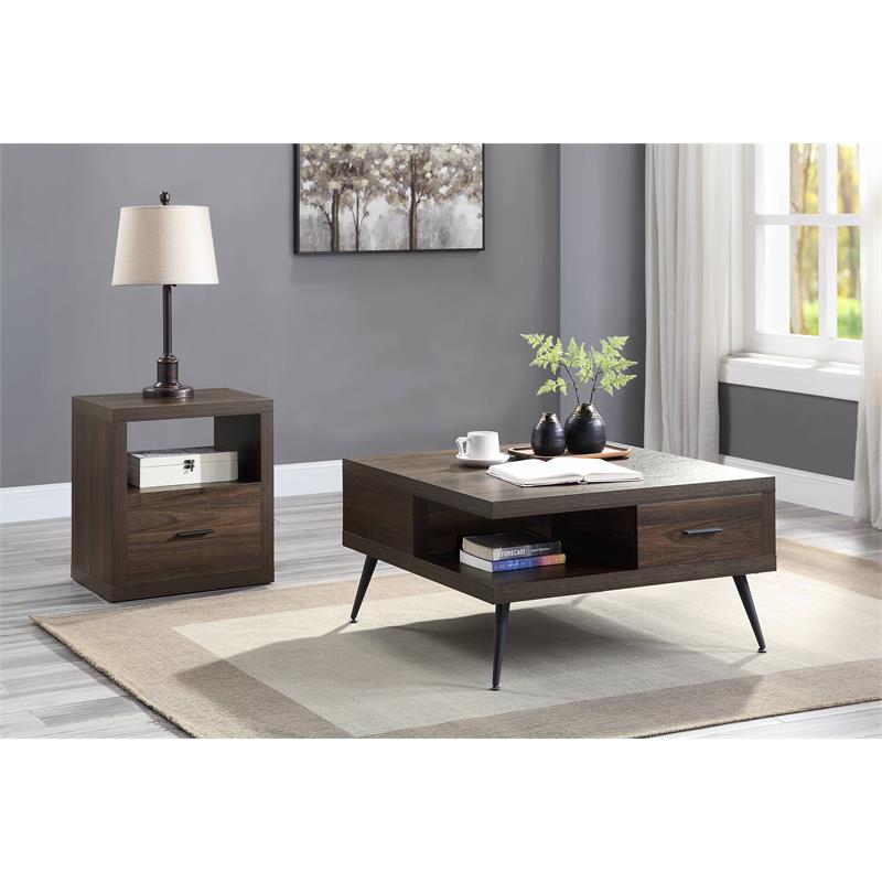 ACME Harel Wooden Coffee Table with Storage Drawer and Metal Legs in Walnut