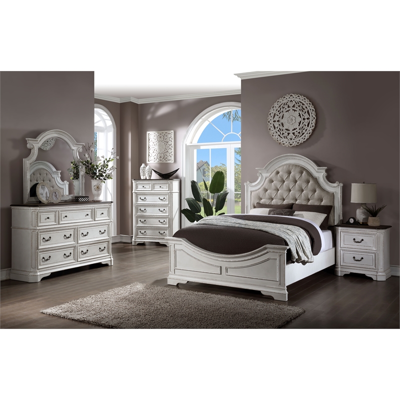 ACME Florian Tufted Upholstered Queen Panel Bed in Antique White
