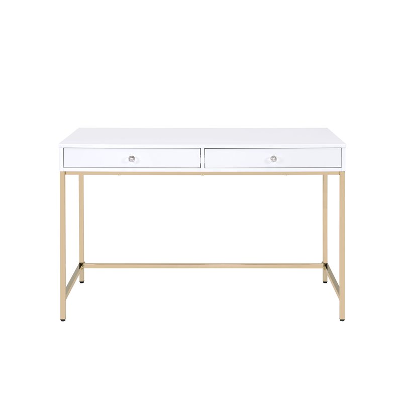 ACME Ottey 2-Drawer Vanity Desk with Metal Legs in White High Gloss and Gold
