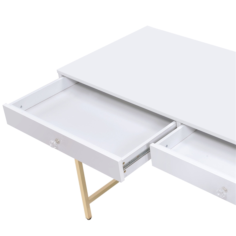 ACME Ottey 2-Drawer Vanity Desk with Metal Legs in White High Gloss and Gold