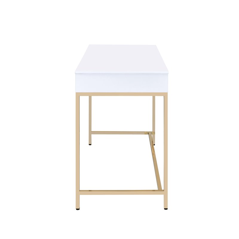 ACME Ottey 2-Drawer Vanity Desk with Metal Legs in White High Gloss and Gold