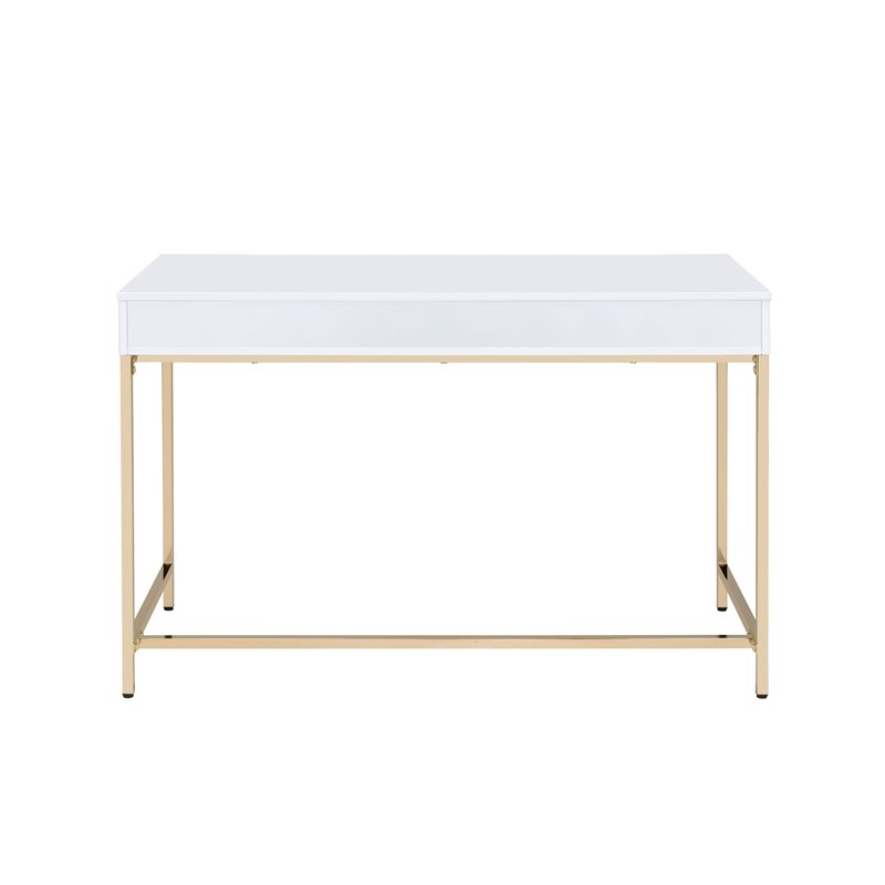 ACME Ottey 2-Drawer Vanity Desk with Metal Legs in White High Gloss and Gold
