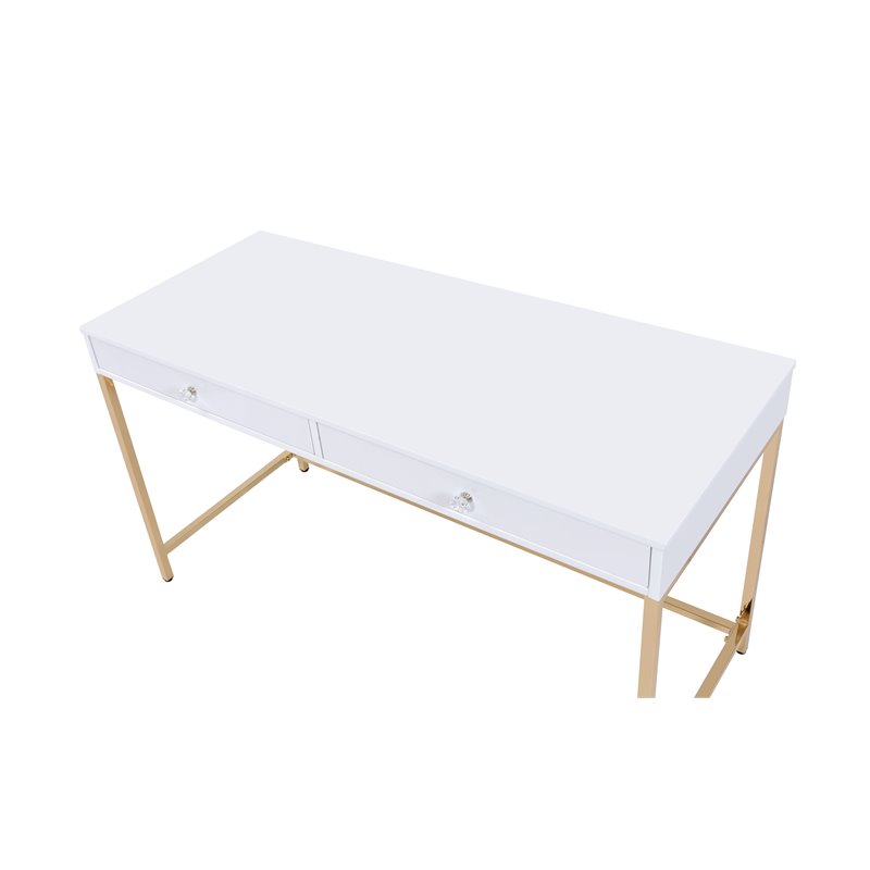 ACME Ottey 2-Drawer Vanity Desk with Metal Legs in White High Gloss and Gold