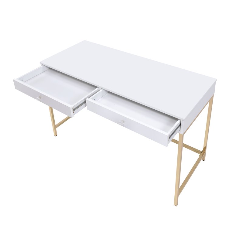 ACME Ottey 2-Drawer Vanity Desk with Metal Legs in White High Gloss and Gold