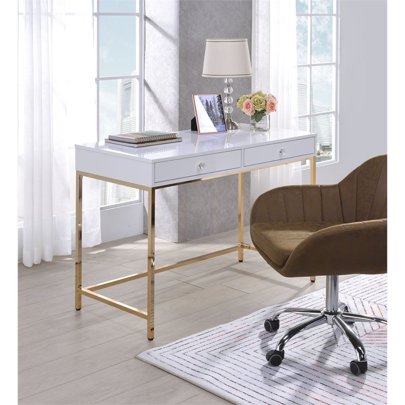 ACME Ottey 2-Drawer Vanity Desk with Metal Legs in White High Gloss and Gold