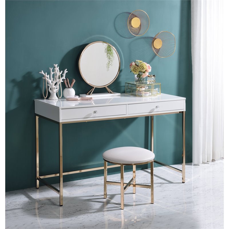 ACME Ottey 2-Drawer Vanity Desk with Metal Legs in White High Gloss and Gold