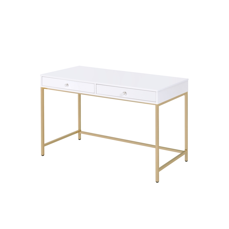 ACME Ottey 2-Drawer Vanity Desk with Metal Legs in White High Gloss and Gold