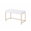 ACME Ottey 2-Drawer Vanity Desk with Metal Legs in White High Gloss and Gold