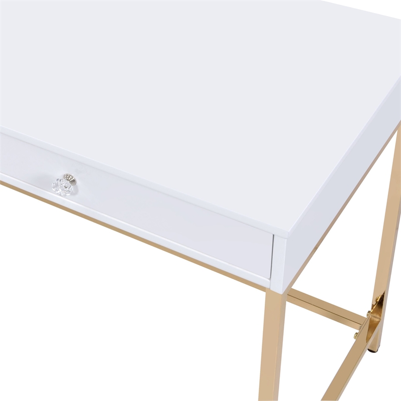 ACME Ottey 2-Drawer Vanity Desk with Metal Legs in White High Gloss and Gold
