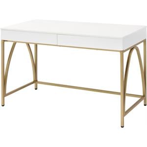 ACME Lightmane 2-Drawer Vanity Desk with Metal Legs in White High Gloss and Gold