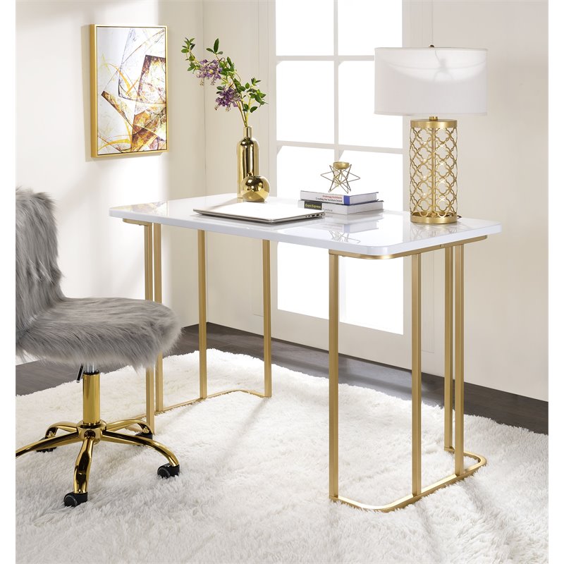 ACME Estie Vanity Desk with Metal Sled Base in White and Gold Finish