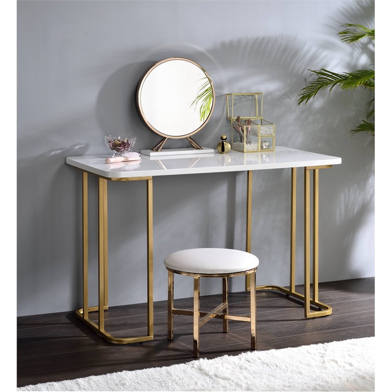 ACME Estie Vanity Desk with Metal Sled Base in White and Gold Finish
