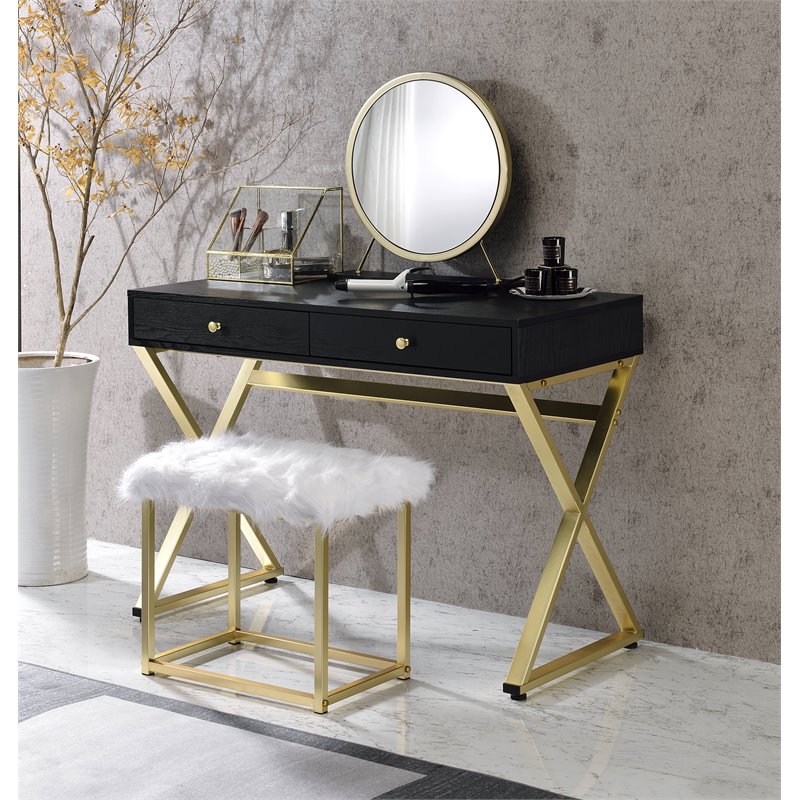 ACME Coleen 2-Drawer Wooden Vanity Desk in Black and Brass