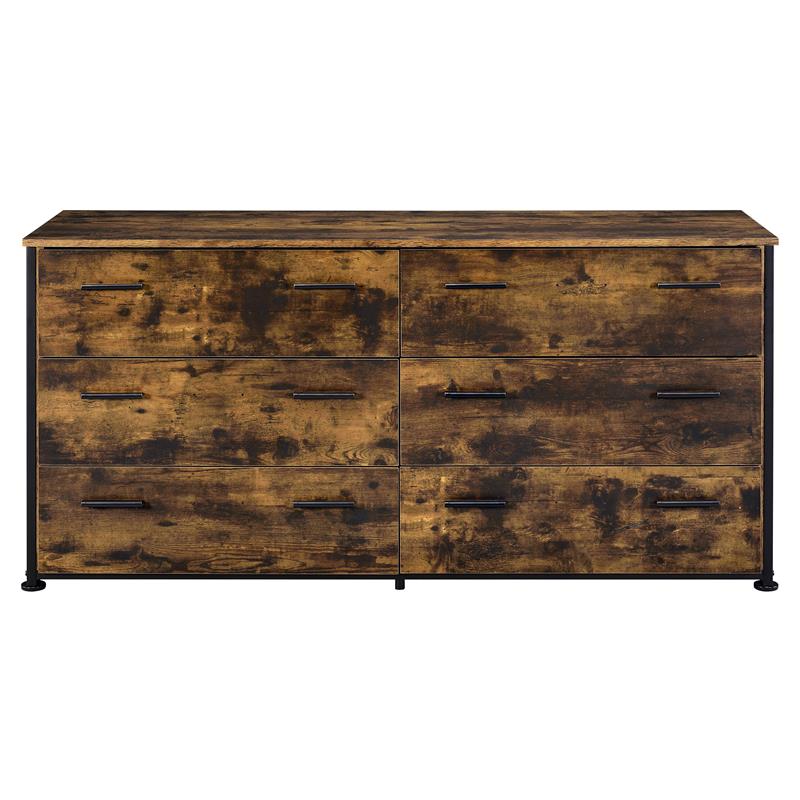 ACME Juvanth 6 Drawers Wooden Dresser with Metal Legs in Rustic Oak and Black
