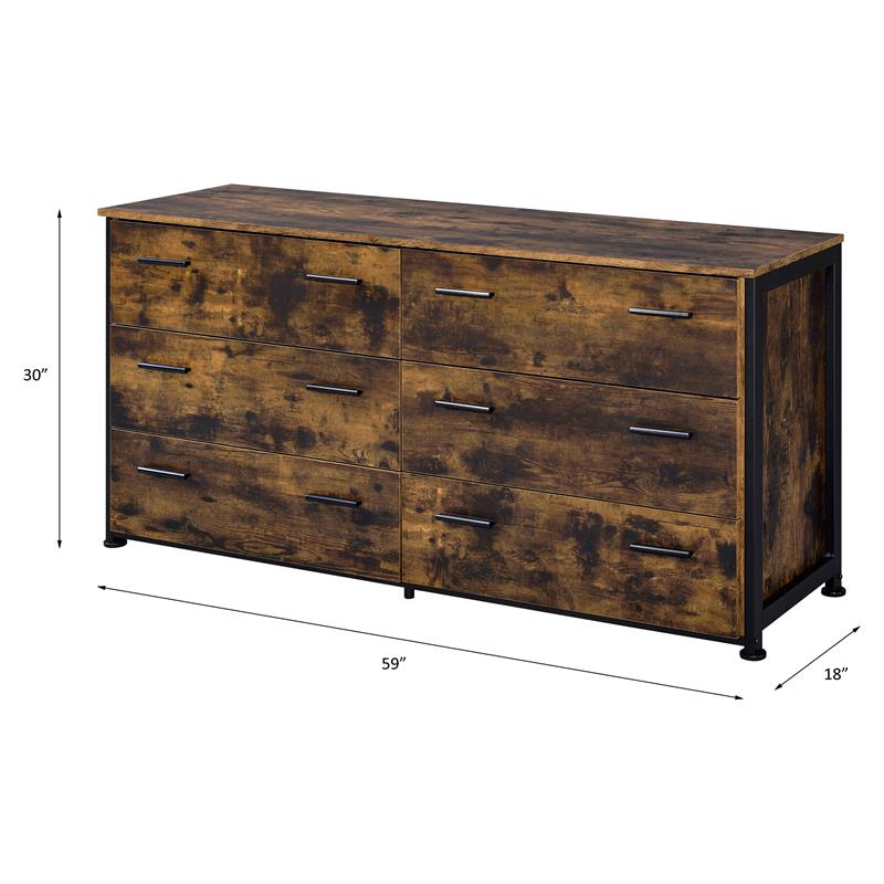 ACME Juvanth 6 Drawers Wooden Dresser with Metal Legs in Rustic Oak and Black