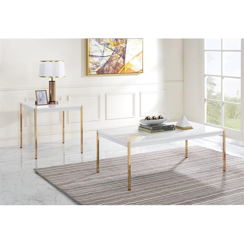 ACME Otrac Wooden Rectangle Top Coffee Table in White and Gold
