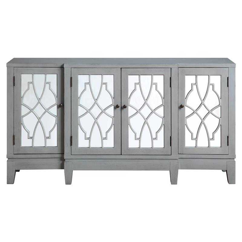ACME Magdi Wooden Console Table with 4 Mirrored Doors in Antique Gray