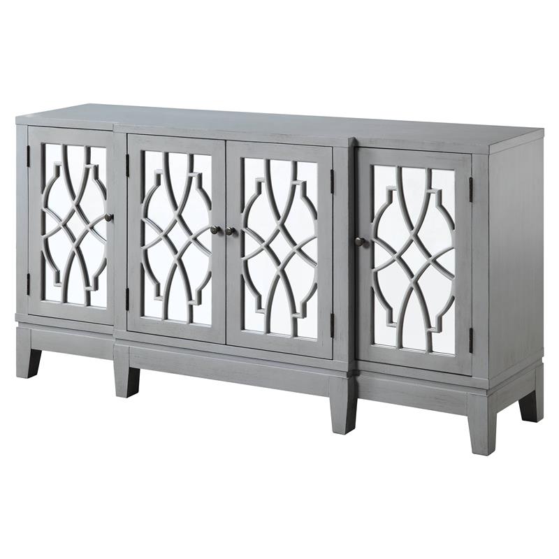 ACME Magdi Wooden Console Table with 4 Mirrored Doors in Antique Gray