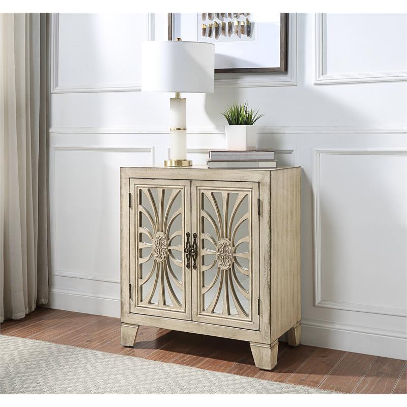 ACME Nalani Wooden Console Table with 2 Mirrored Doors in Antique White