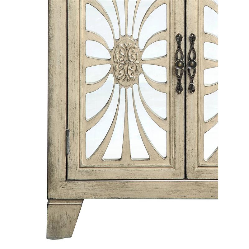 ACME Nalani Wooden Console Table with 2 Mirrored Doors in Antique White
