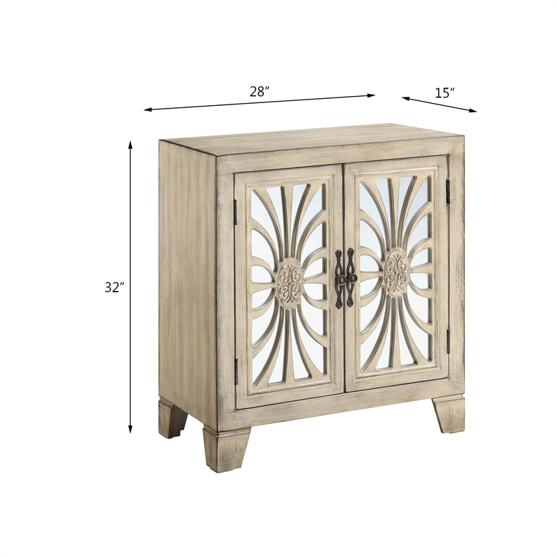 ACME Nalani Wooden Console Table with 2 Mirrored Doors in Antique White