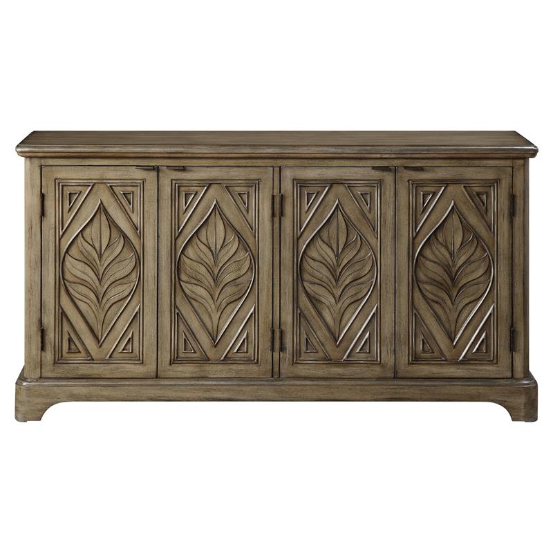 ACME Orana Wooden Engraved Leaf Design Console Table with 4 Doors in Oak