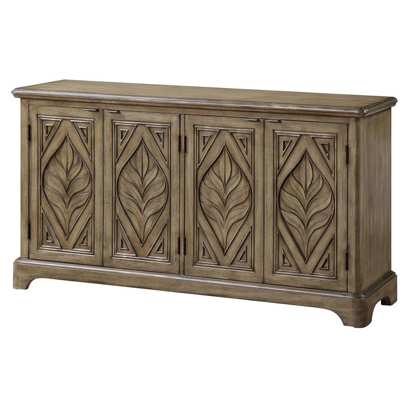 ACME Orana Wooden Engraved Leaf Design Console Table with 4 Doors in Oak