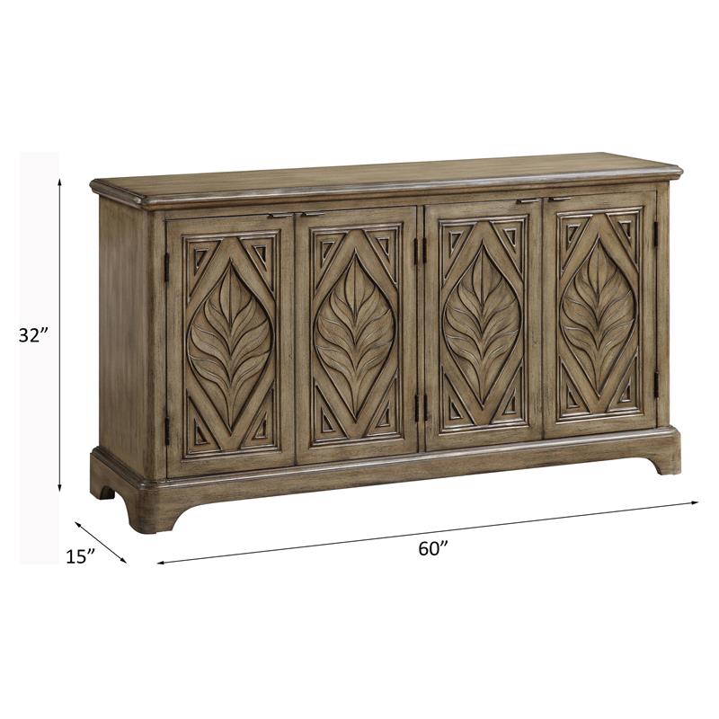 ACME Orana Wooden Engraved Leaf Design Console Table with 4 Doors in Oak