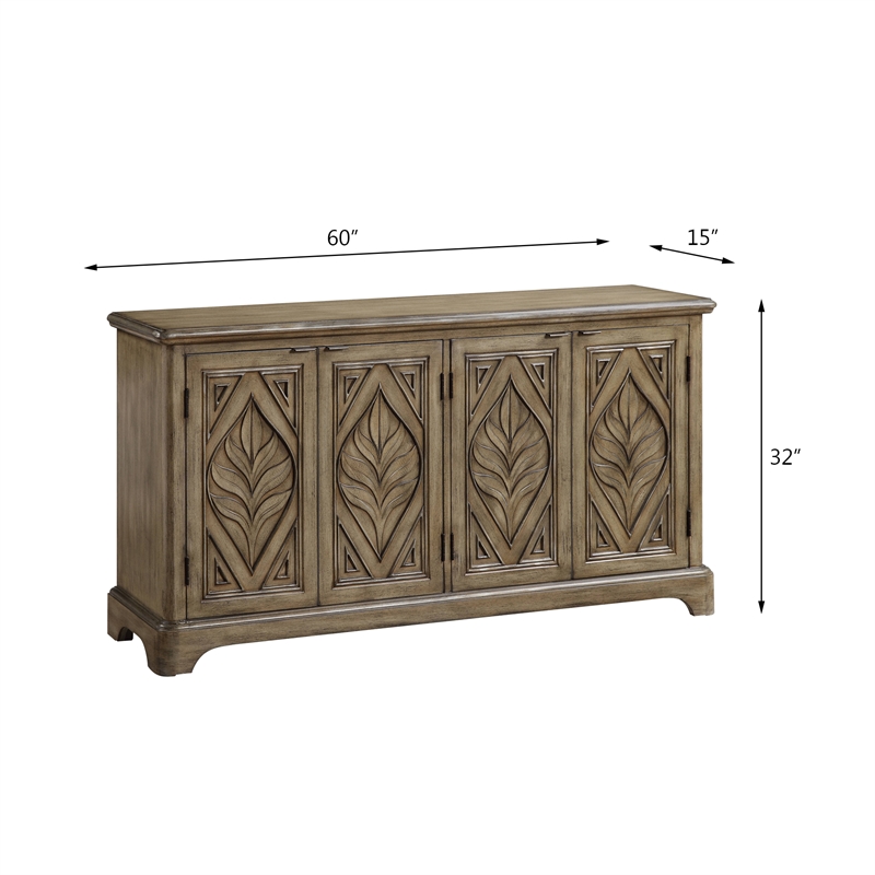 ACME Orana Wooden Engraved Leaf Design Console Table with 4 Doors in Oak